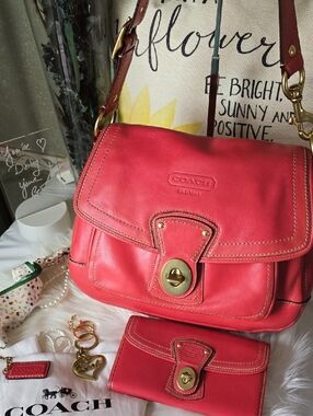 Coach Ali Legacy Vachetta Pink Leather Flap Shoulder Bag with Matching Wallet